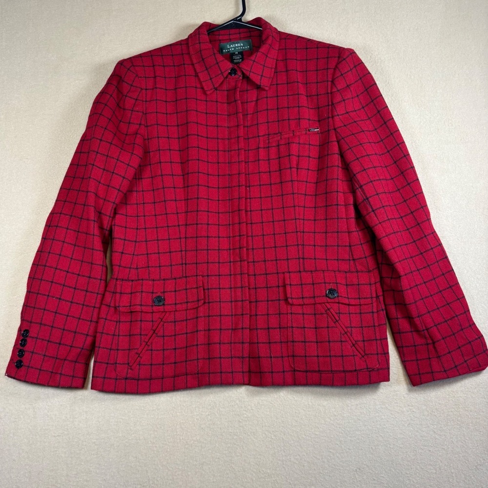Lauren Ralph Lauren Red Plaid Wool Blend Blazer Jacket Women 14 Made in USA FLAW